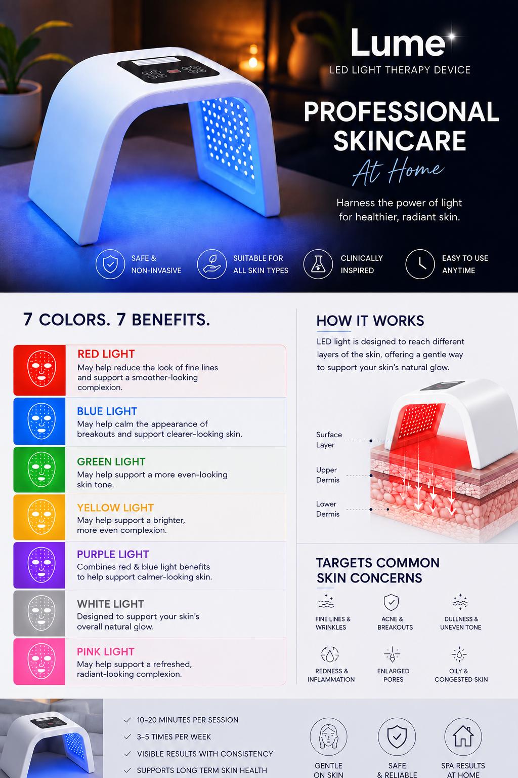 Lumé 7-Color LED Light Therapy Face Mask device glowing blue on a marble surface