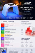 Lumé 7-Color LED Light Therapy Face Mask device glowing blue on a marble surface